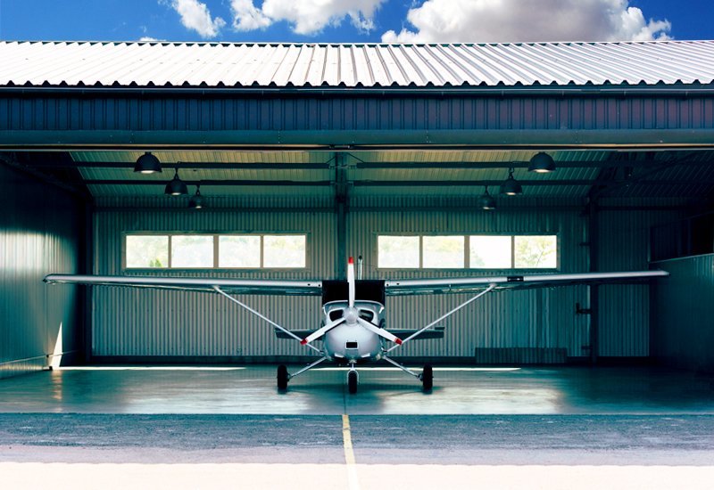 Exterior of a prefab steel airplane hangar